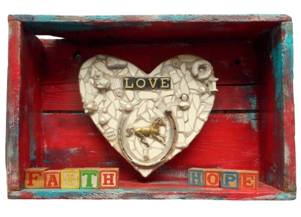 Country Heart Assemblage Wall Art Diorama Red Turquoise Blue Horse Whimsical