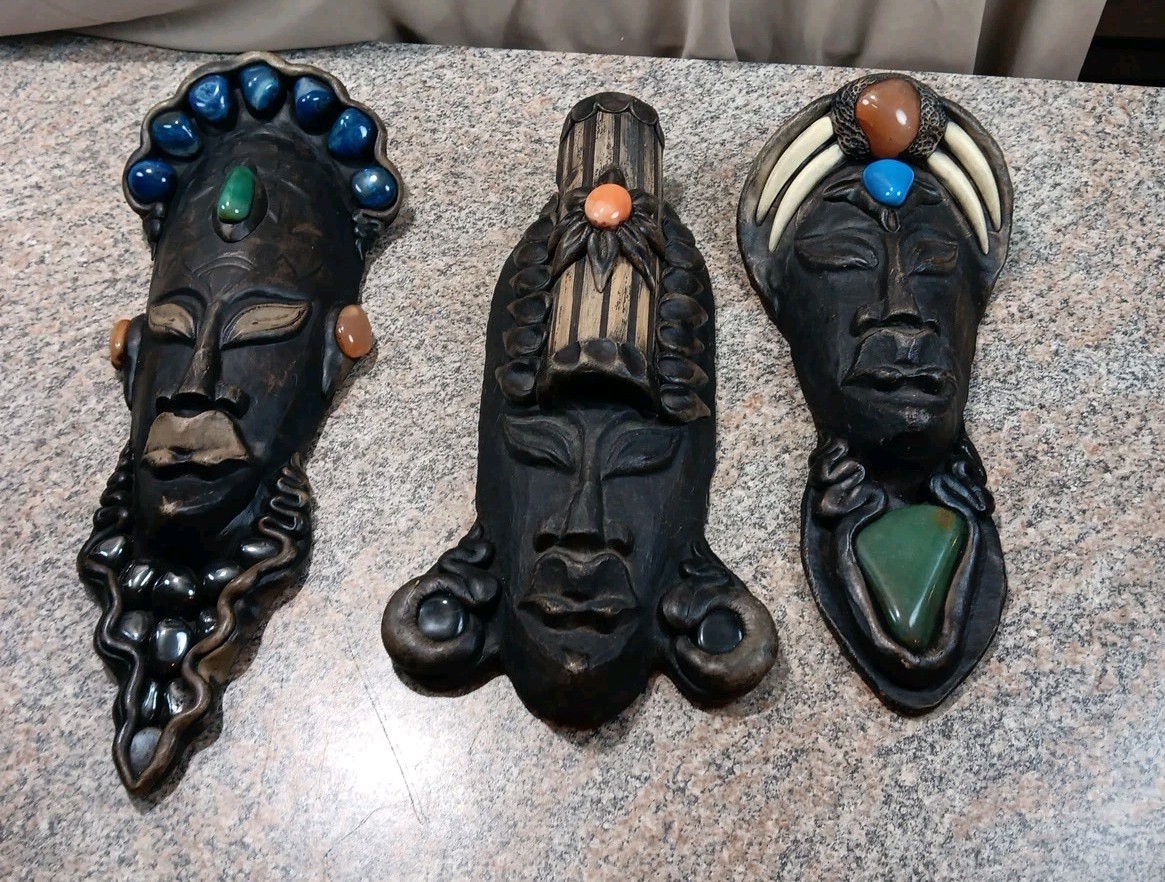 krisna Krishna mask brazil hand crafted ornate Gemstones lot 3 Signed Tribal