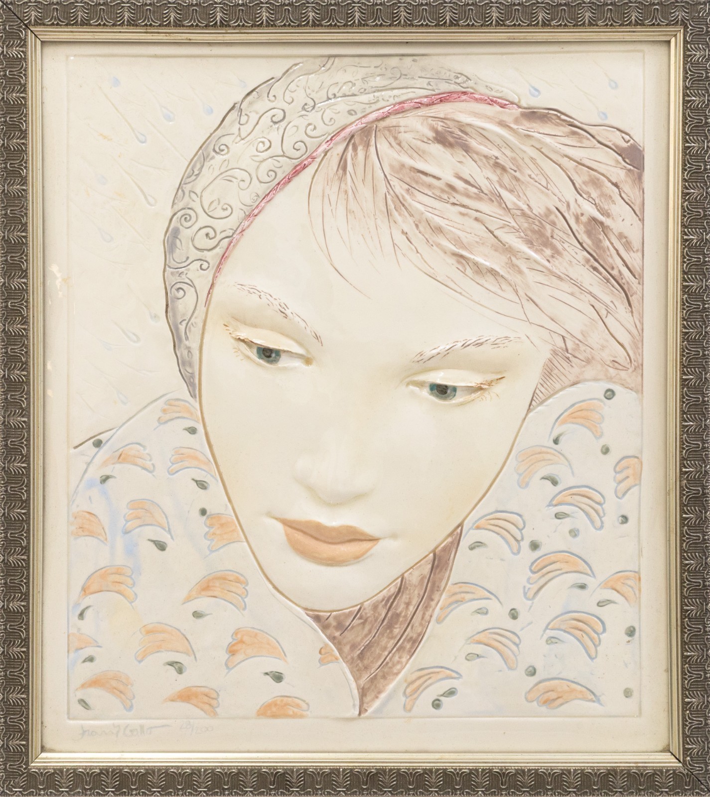 Frank Gallo Woman in the Rain Signed Figurative Ceramic Tile 28/200 Framed 1980s