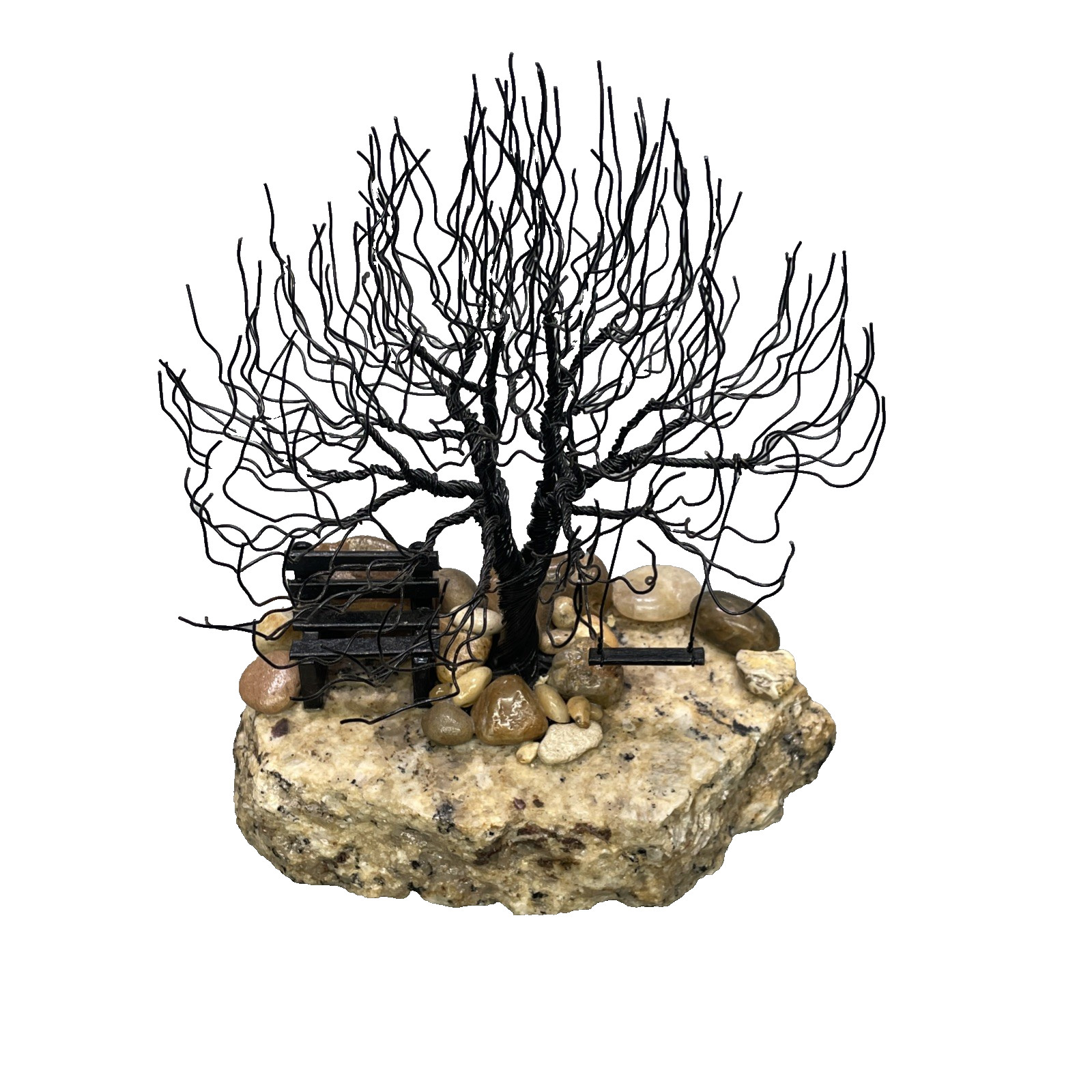 Vtg 60s-70s Wire Brutalist Tree Sculpture w/Bench Swing Stone Mounted Cabincore