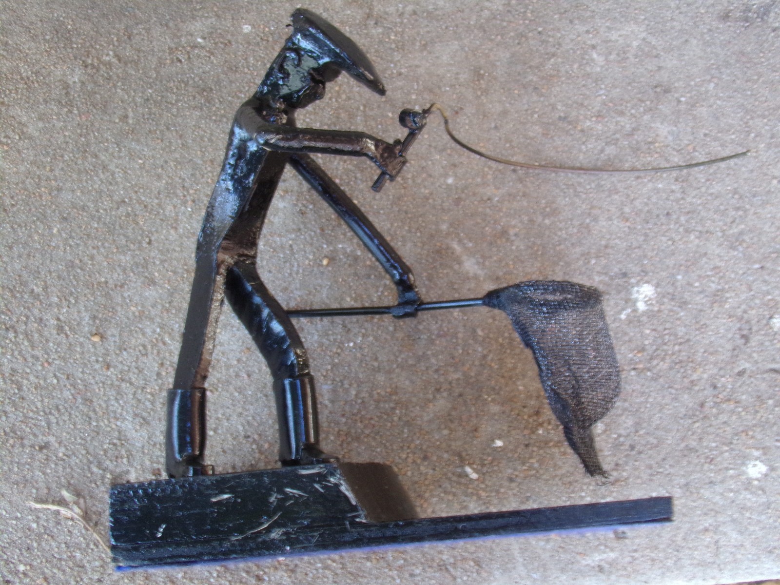 Vintage Fly Fisherman Statue 7” Metal on Wood Base Trout or Bass Fishing 6 « Line