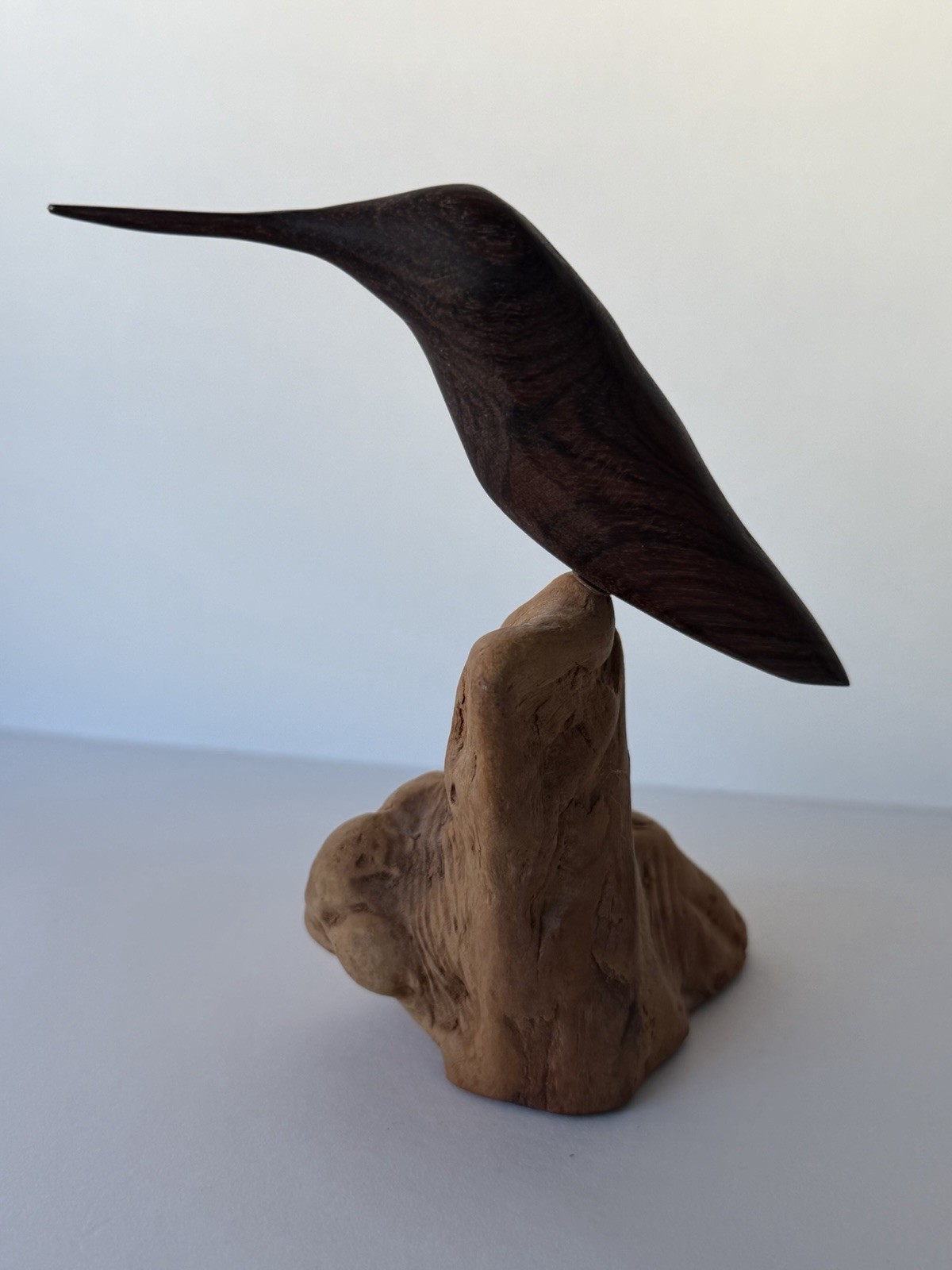 Harold Schlack 1983 Signed Bocote Original Wood Hummingbird Sculpture Burl Base