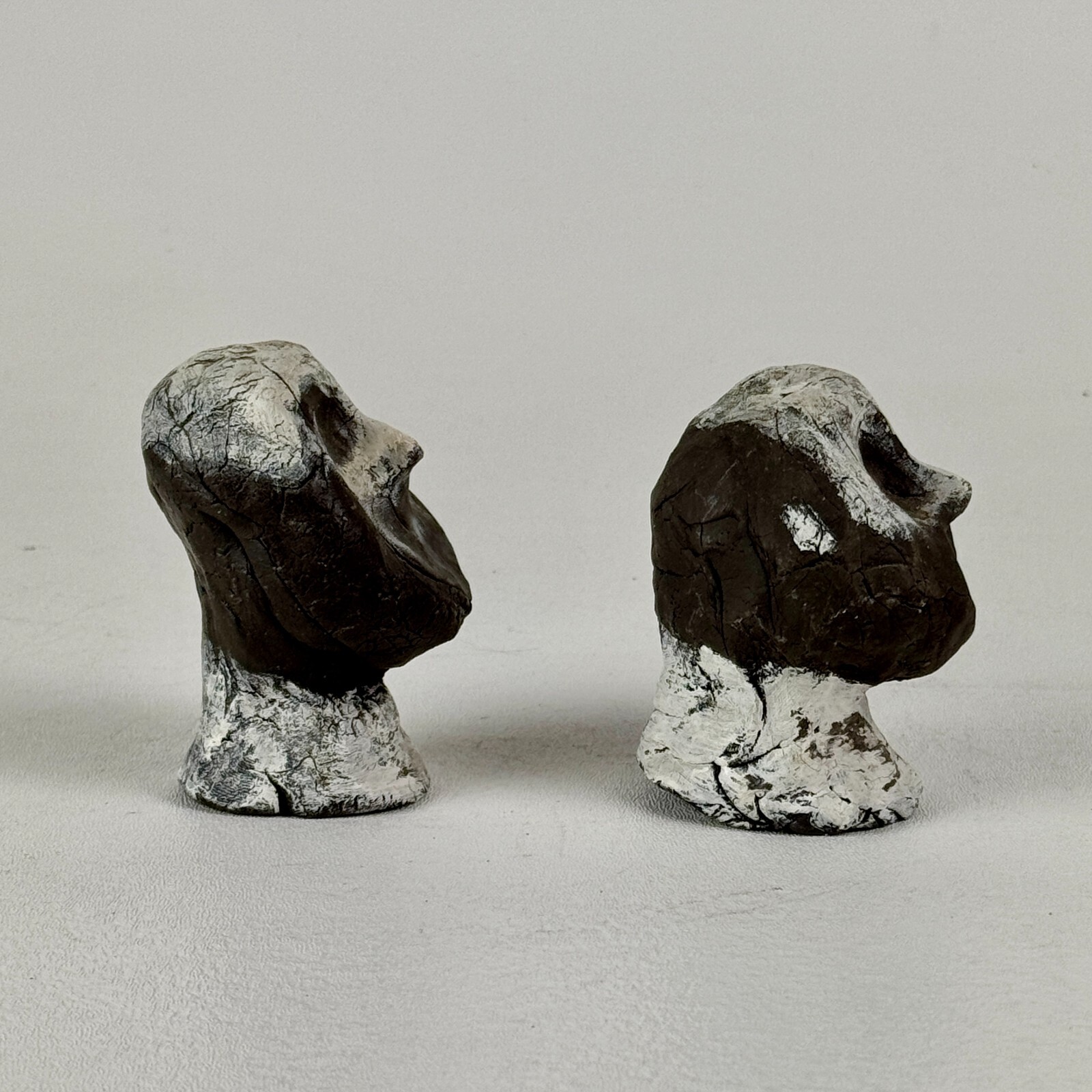 Vintage Pair Of Hand Formed Small Clay Men Head Busts In Black & White