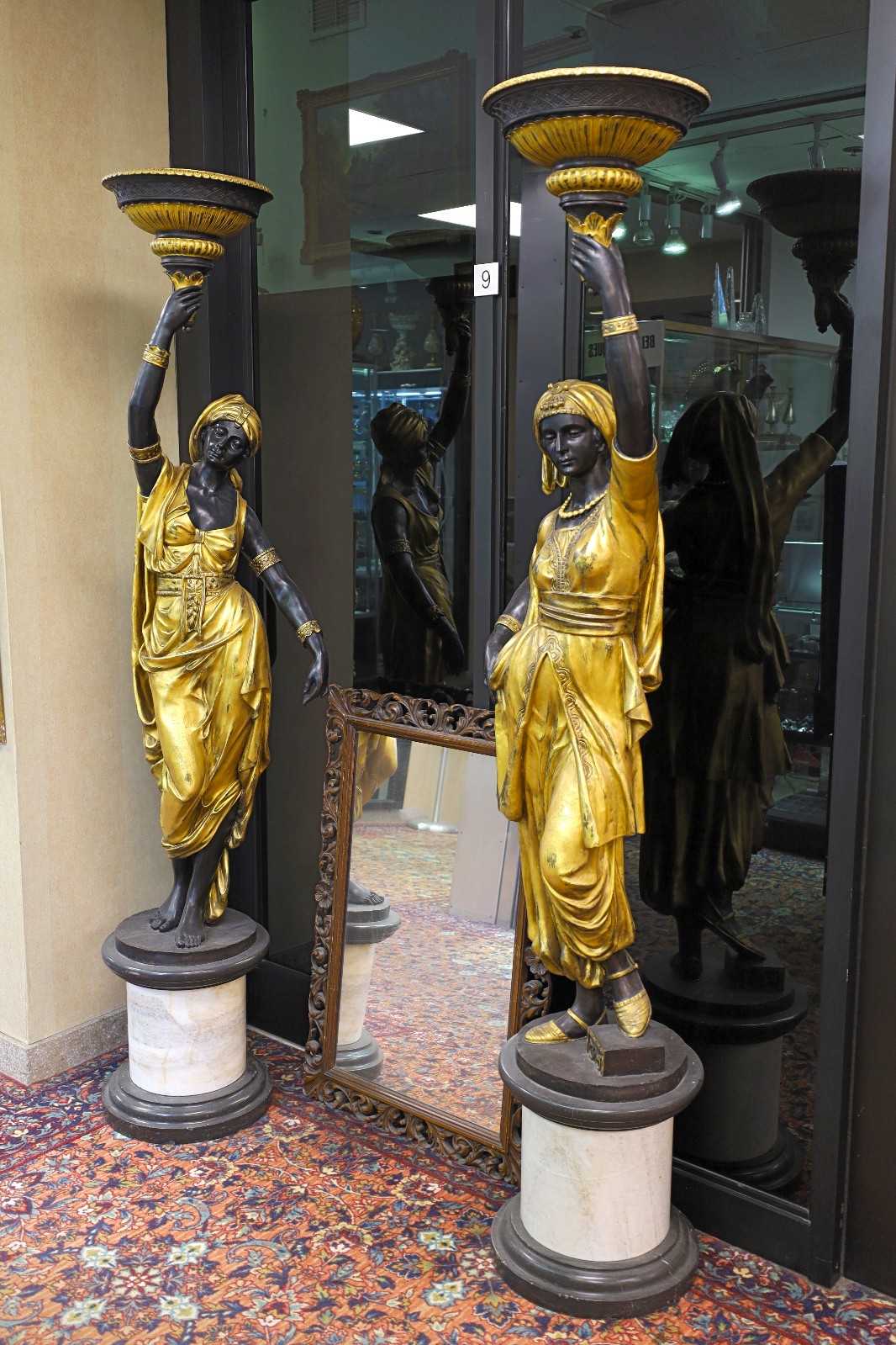 Pair of Bronze Nubian Female Statues, Torchere Standing Lamps, Free USA Shipping