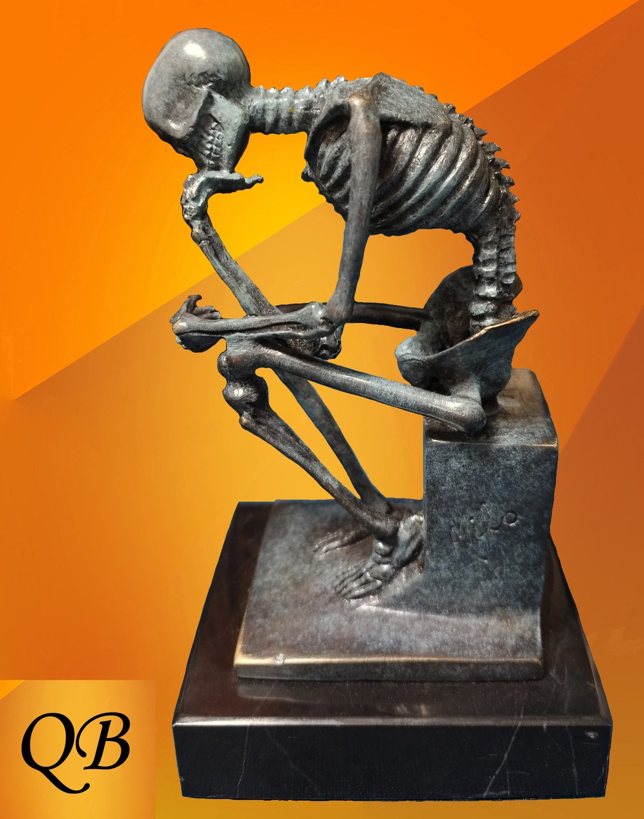 SKELETON THINKER BRONZE FIGURINE STEAM PUNK SCULPTURE GREEN STATUE RODIN FIGURE