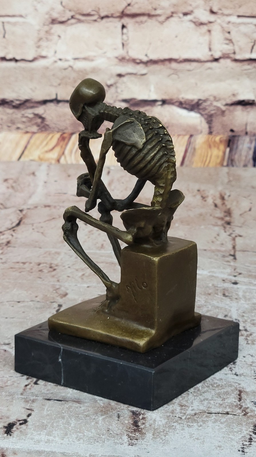MODERN ART SOLID BRONZE « SKELETON THINKER » SIGNED MILO HOT CAST MARBLE FIGURI