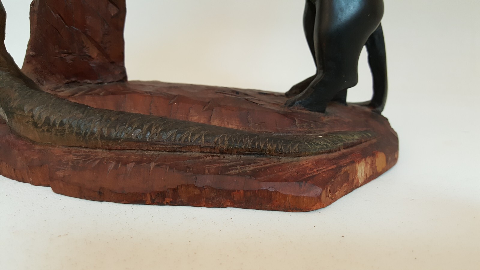 Vintage handcarved wood one piece black panther and snake sculpture signed