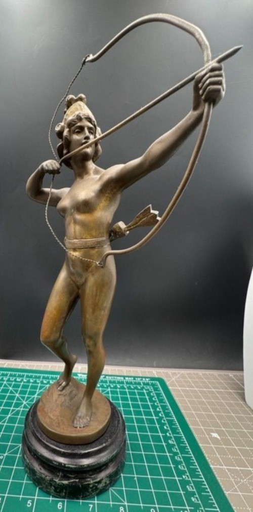 Vintage Bronze Sculpture Diana Huntress Spiro Schwatenberg Signed Figural Bow