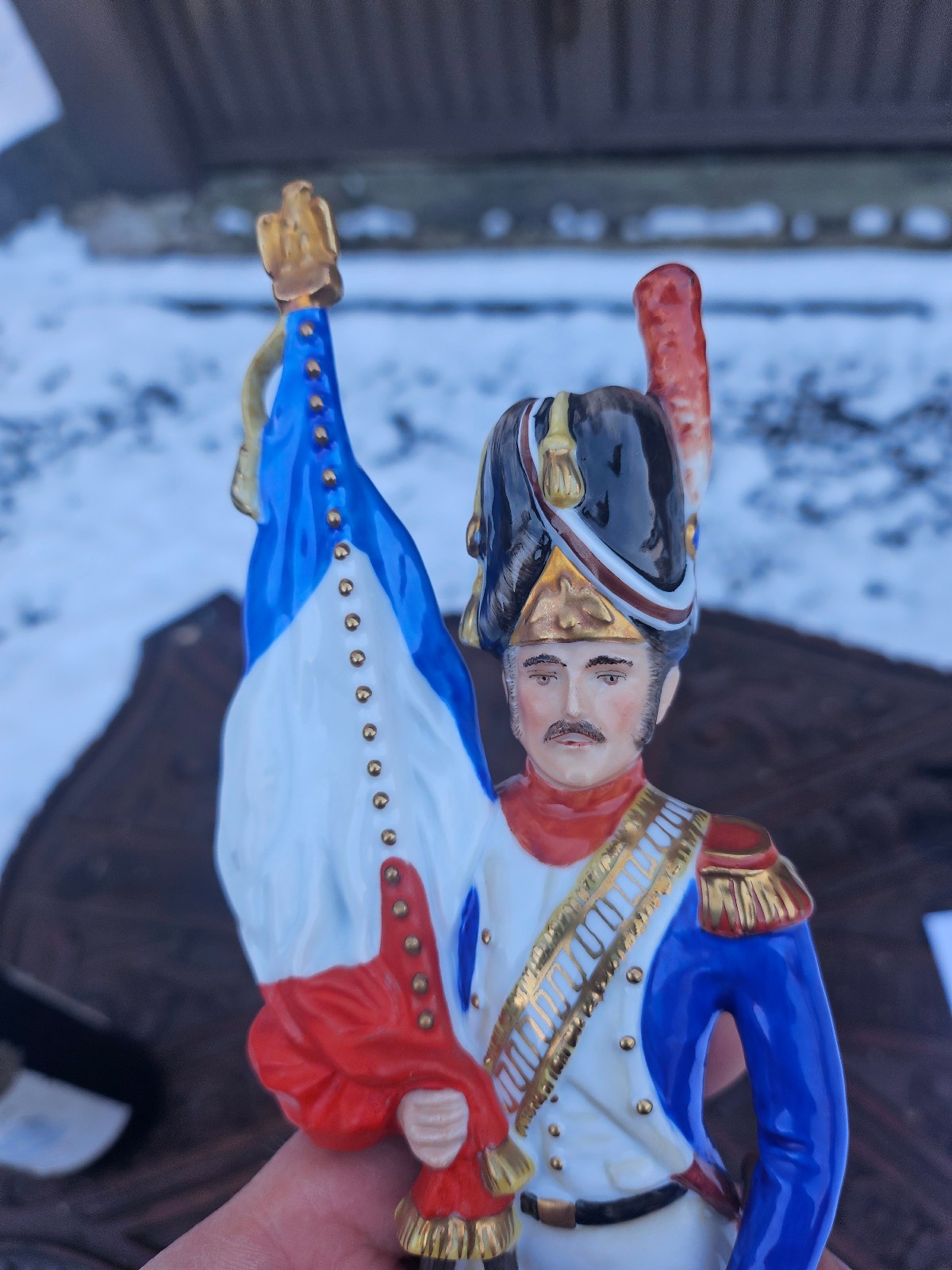 Vintage German KAISER porcelain napoleon soldier color bearer statue wood base