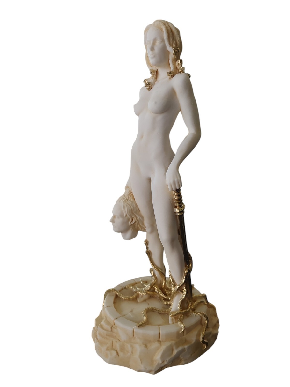 Me Too Medusa with The Head of Perseus Handmade Greek Alabaster Statue Gold Tone