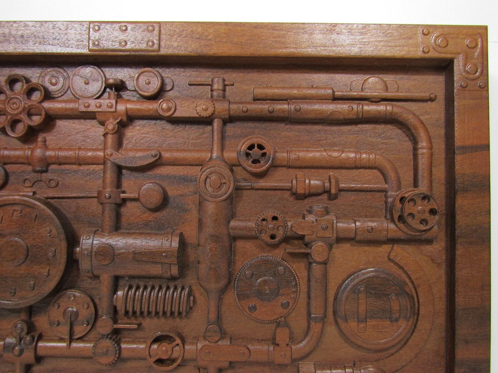 Industrial Steampunk Carved Wood Pipes & Gears Relief Wall Art Panel 20×12
