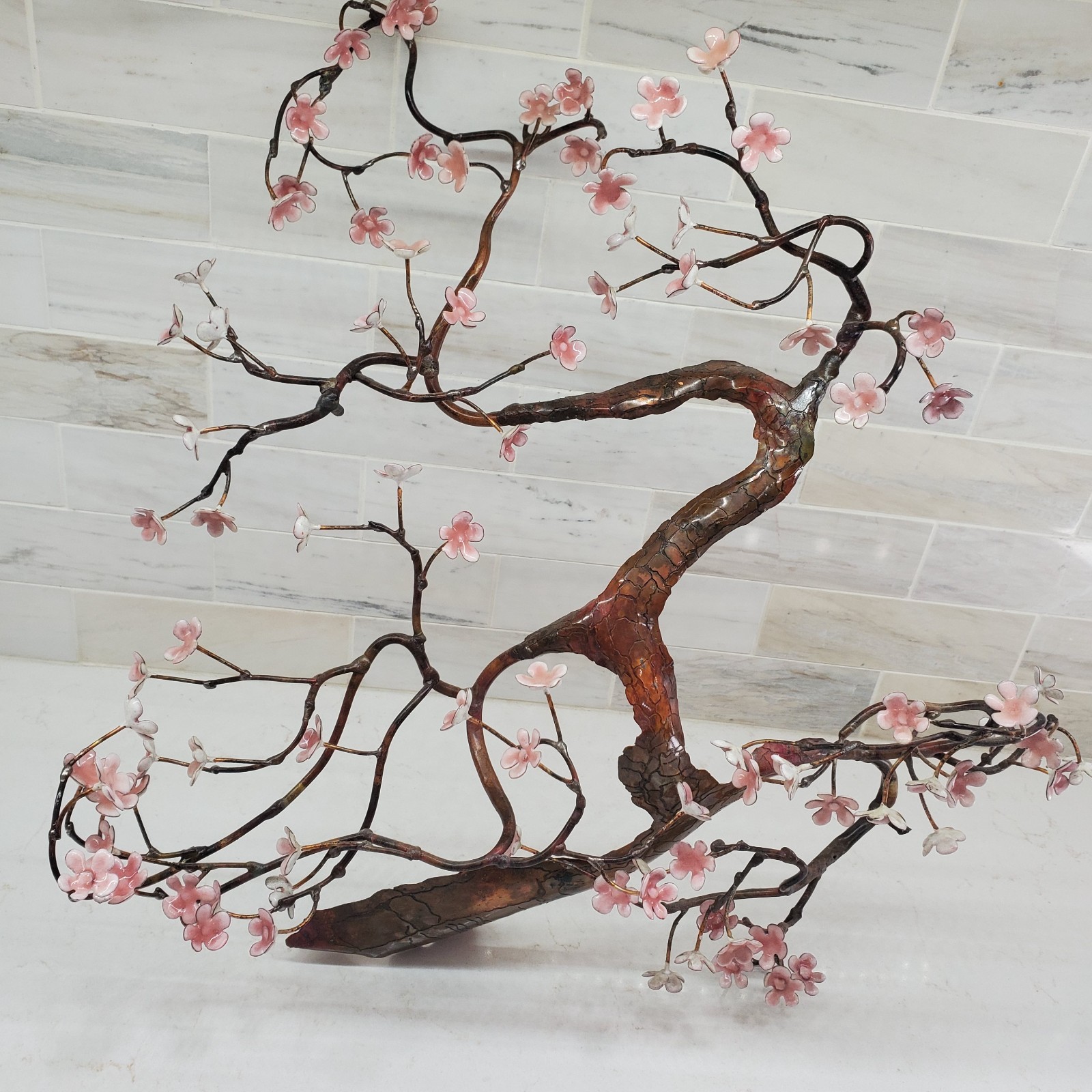 Bovano of Cheshire Blooming Bonsai Metal Tree Sculpture Pink White Flowers