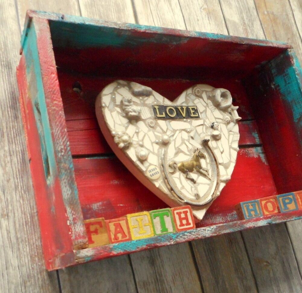 Country Heart Assemblage Wall Art Diorama Red Turquoise Blue Horse Whimsical