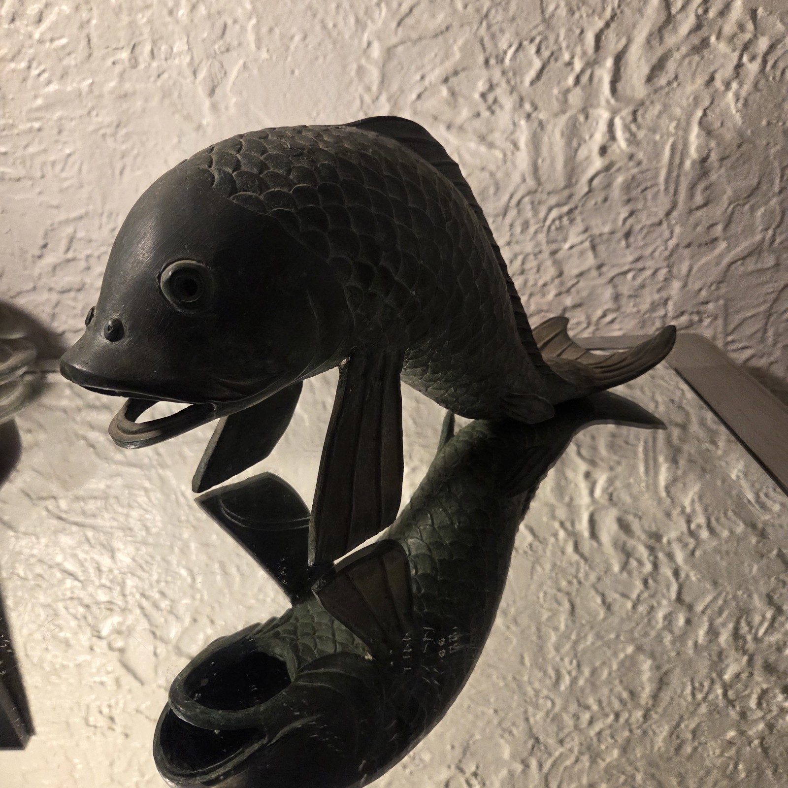 Vintage Bronze Koi Fish Fountain Sculpture with Open Mouth