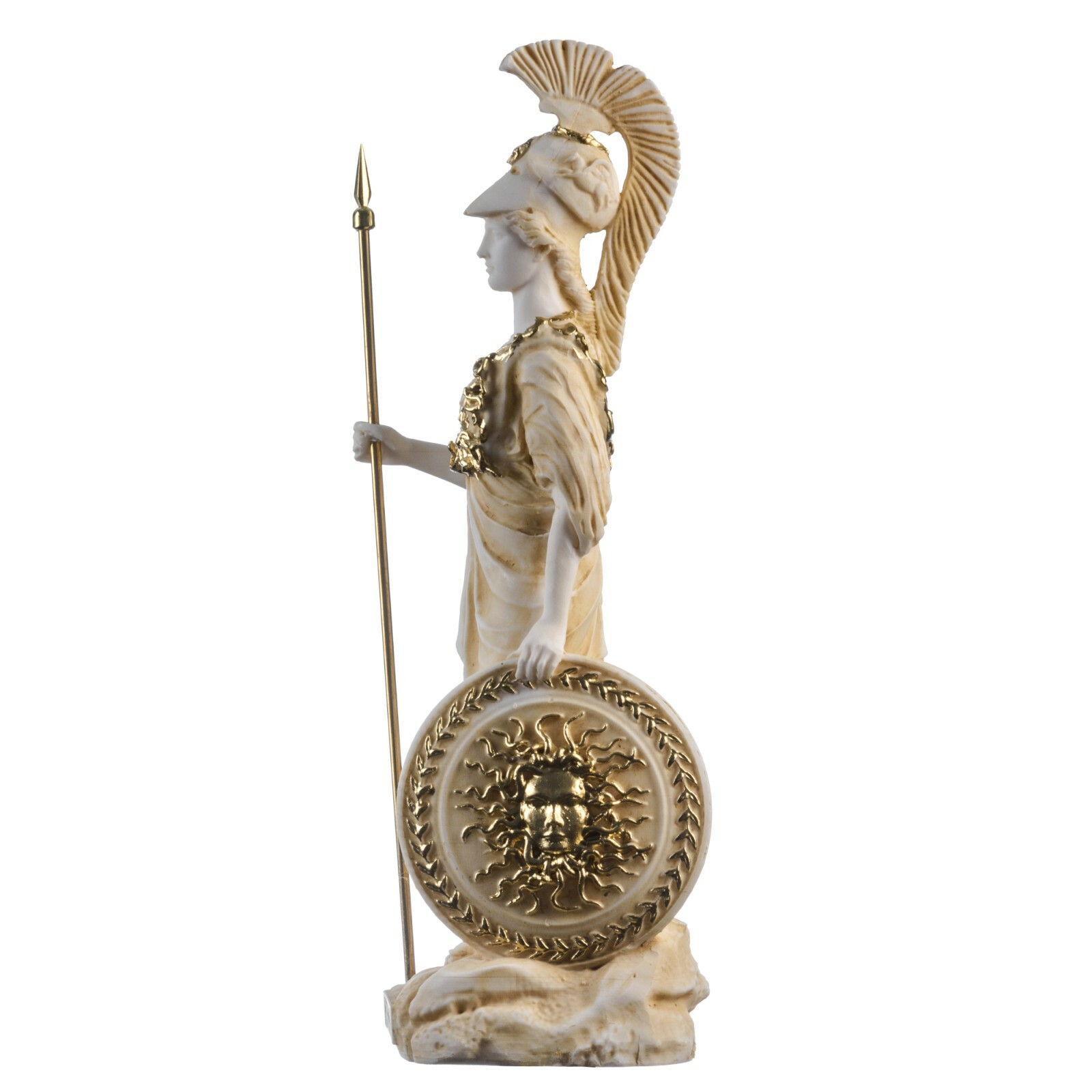 Athena With Owl Medusa Shield Greek Goddess Alabaster Statue Gold 10.2&Prime;