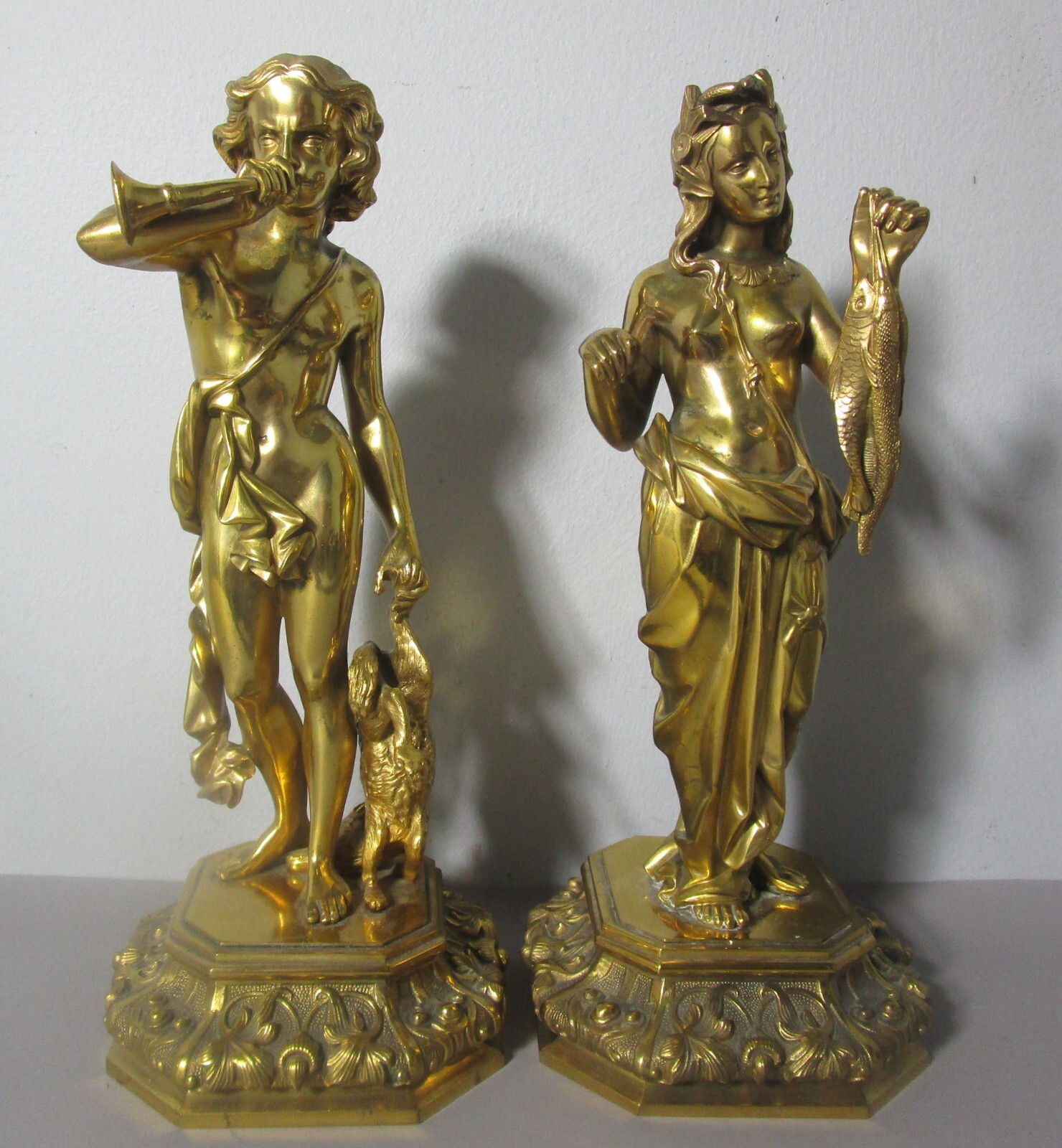 Fine Antique FRENCH ART NOUVEAU Gilt Bronze Sculptures Fox & Fishes, c. 1880s