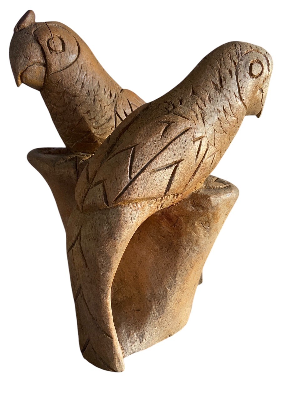 Hand Carved Raw Wooden Parrots about 9 1/2 in. Unmarked