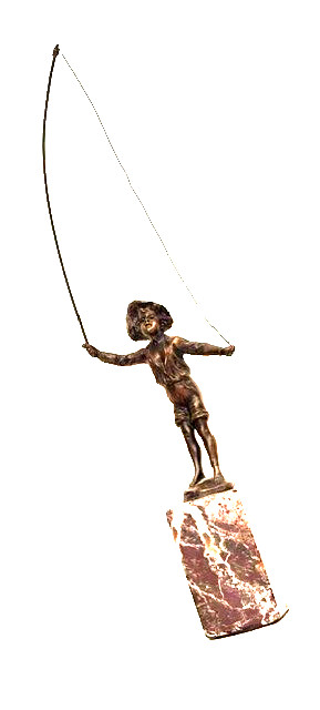 Bronze Boy Fishing Sculpture on Marble Base 11&Prime; High, Base 1 1/2&Prime; Sqare