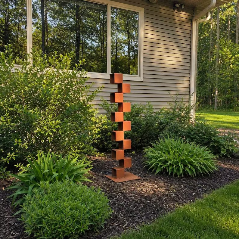 Tall Geometric Garden Sculpture – 45” Rusted Steel Cube Column, Modern Yard Art