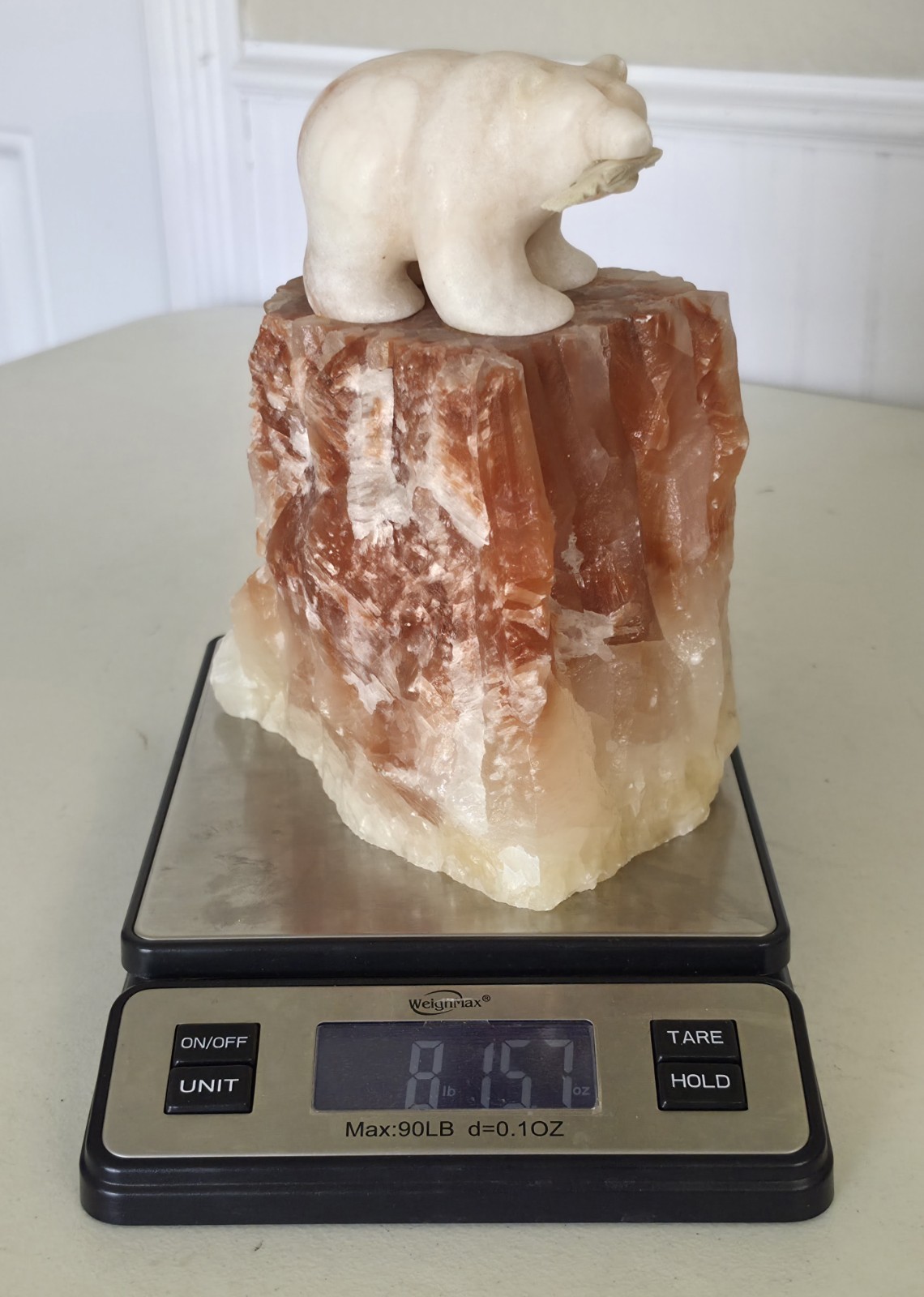 Eddie Lee SIGNED Carved 8&Prime; Alabaster Bear w/ Fish on Red Calcite Base – OOAK