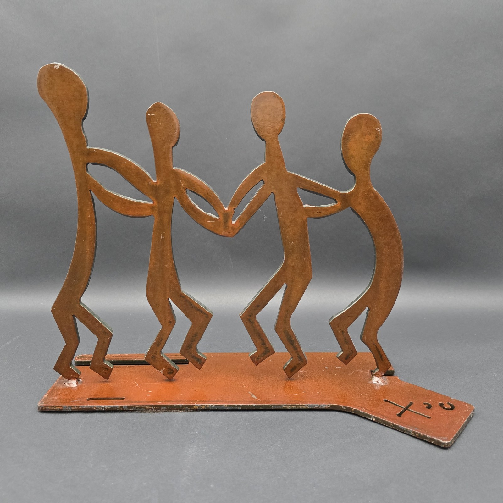 Postmodern Metal Art Sculpture Trible People Dancing Cut Metal Signed 15&Prime; OOAK