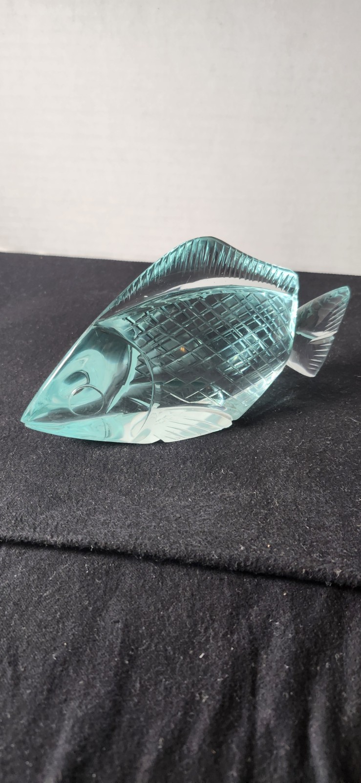 Carved Crystal Art Glass Fish Light Mint 3.75 X 7 Inches 1.75 Wide. Criss-cross