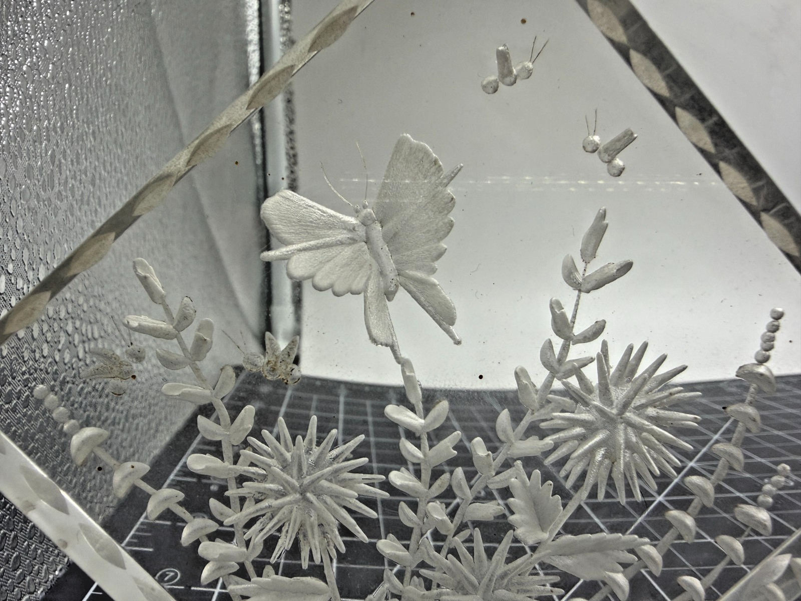 Reverse Carved Lucite Acrylic Butterfly & Flowers Sculpture Signed C. Folkertsma