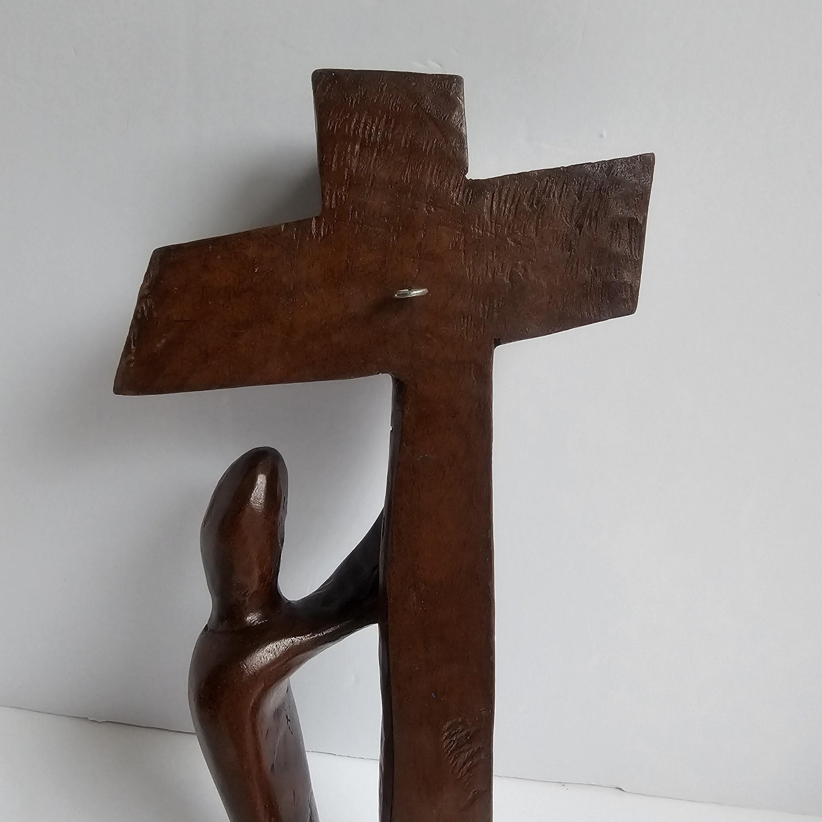 Hand Carved Abstract Wood Sculpture Cross Kneeling Figure Religious Art Decor