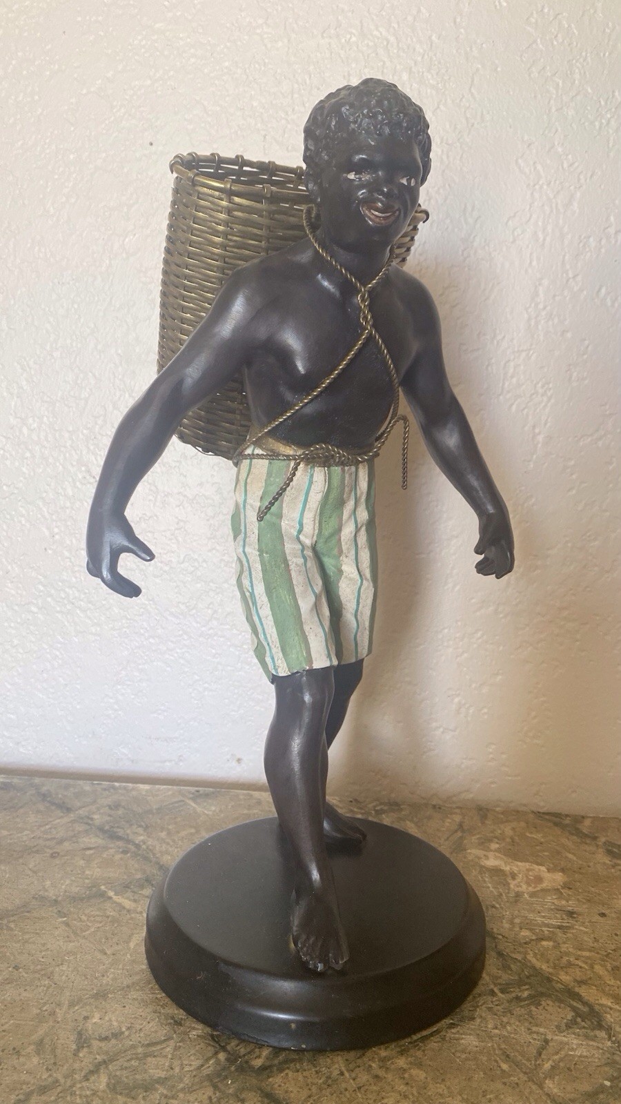 PETITE CHOSES Blackamoor Nubian Man Figurine With Basket Seller Vintage 14”