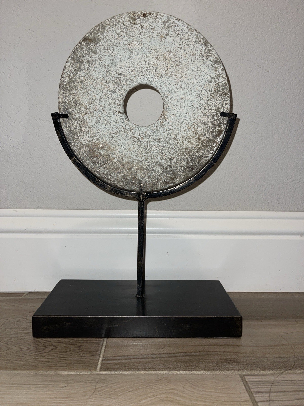Chinese Jade Bi Disc Sculpture Stone Metal Stand Display Piece