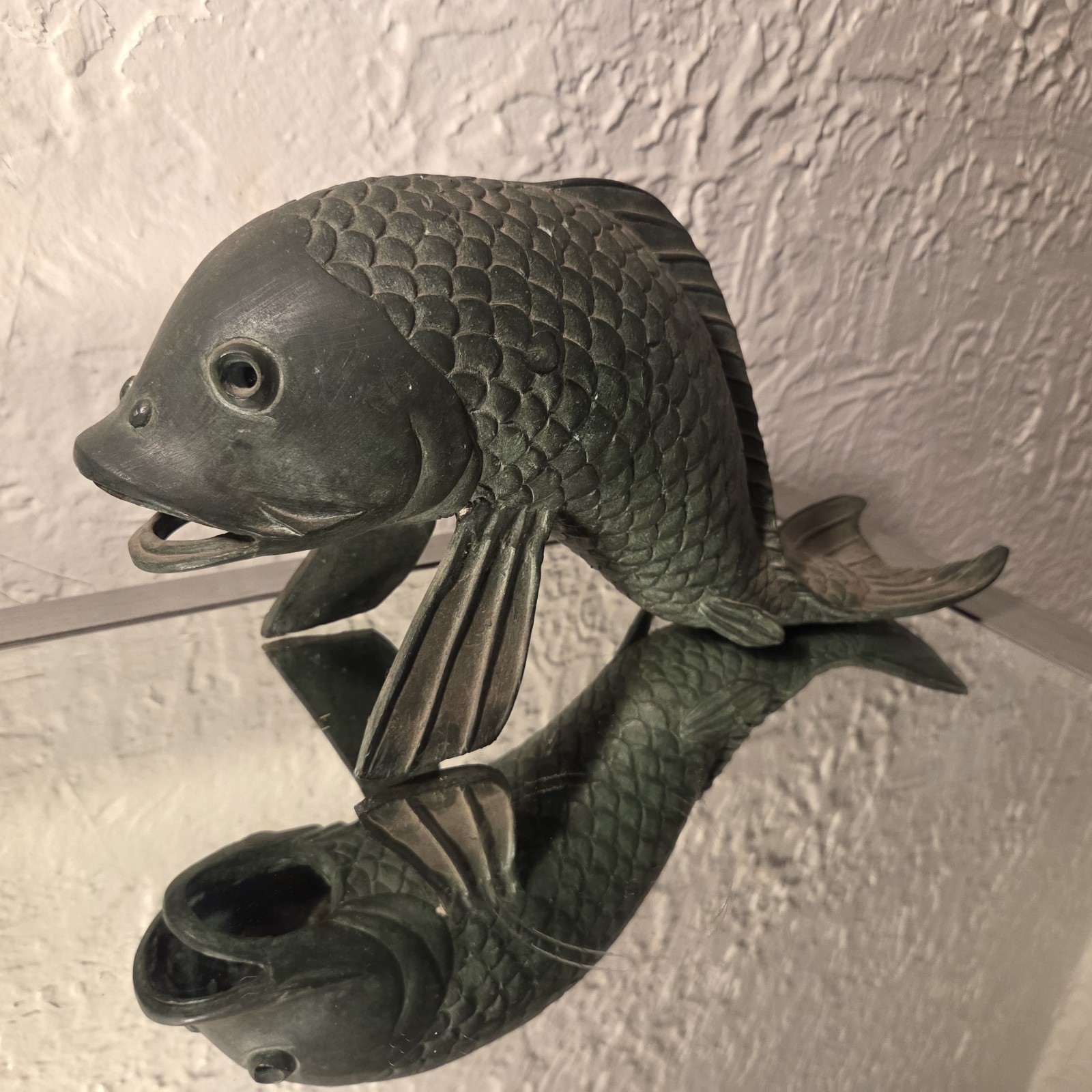 Vintage Bronze Koi Fish Fountain Sculpture with Open Mouth