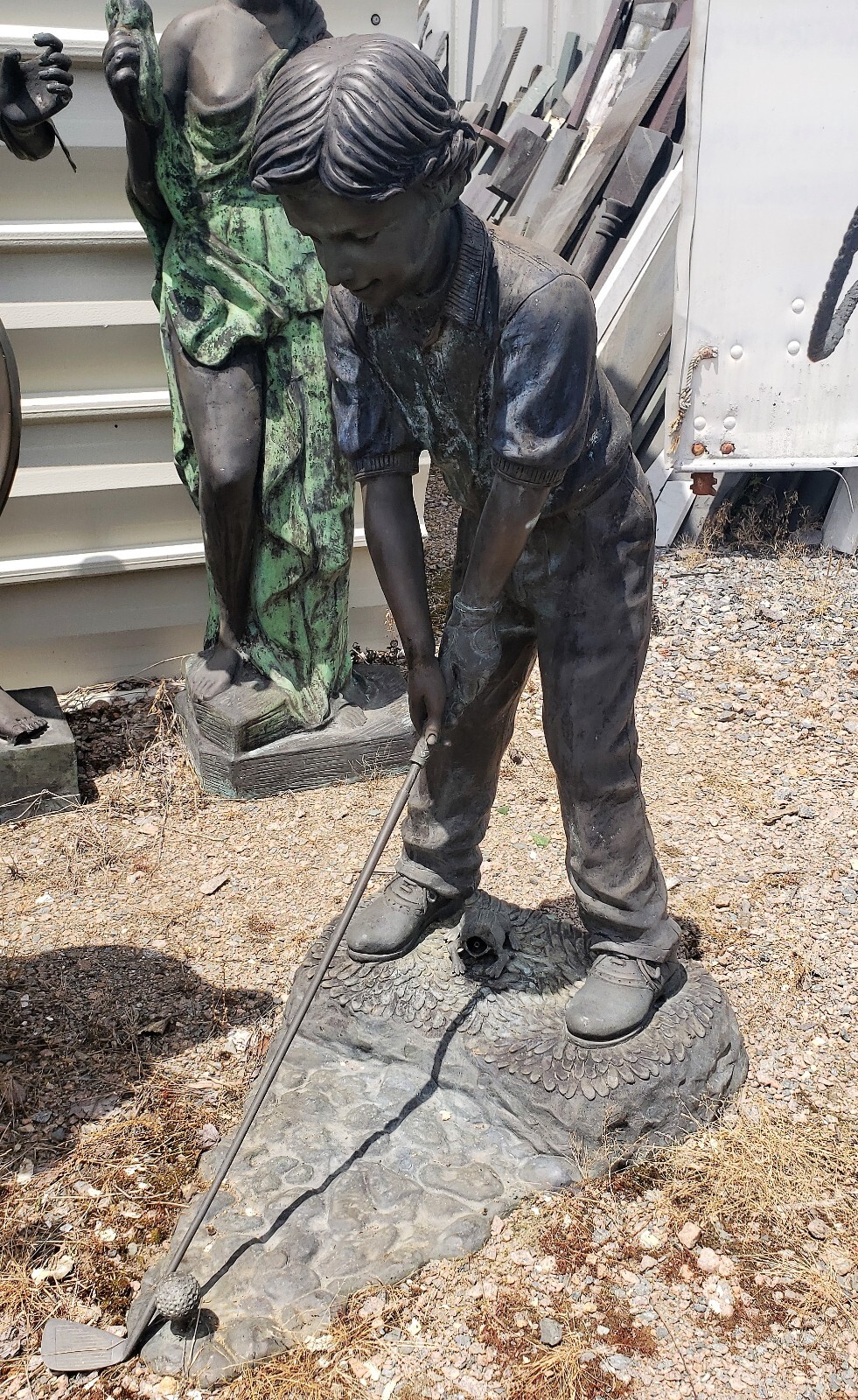 Large Free Standing Bronze Sculpture Fountain of Young Boy Golfer and Frog