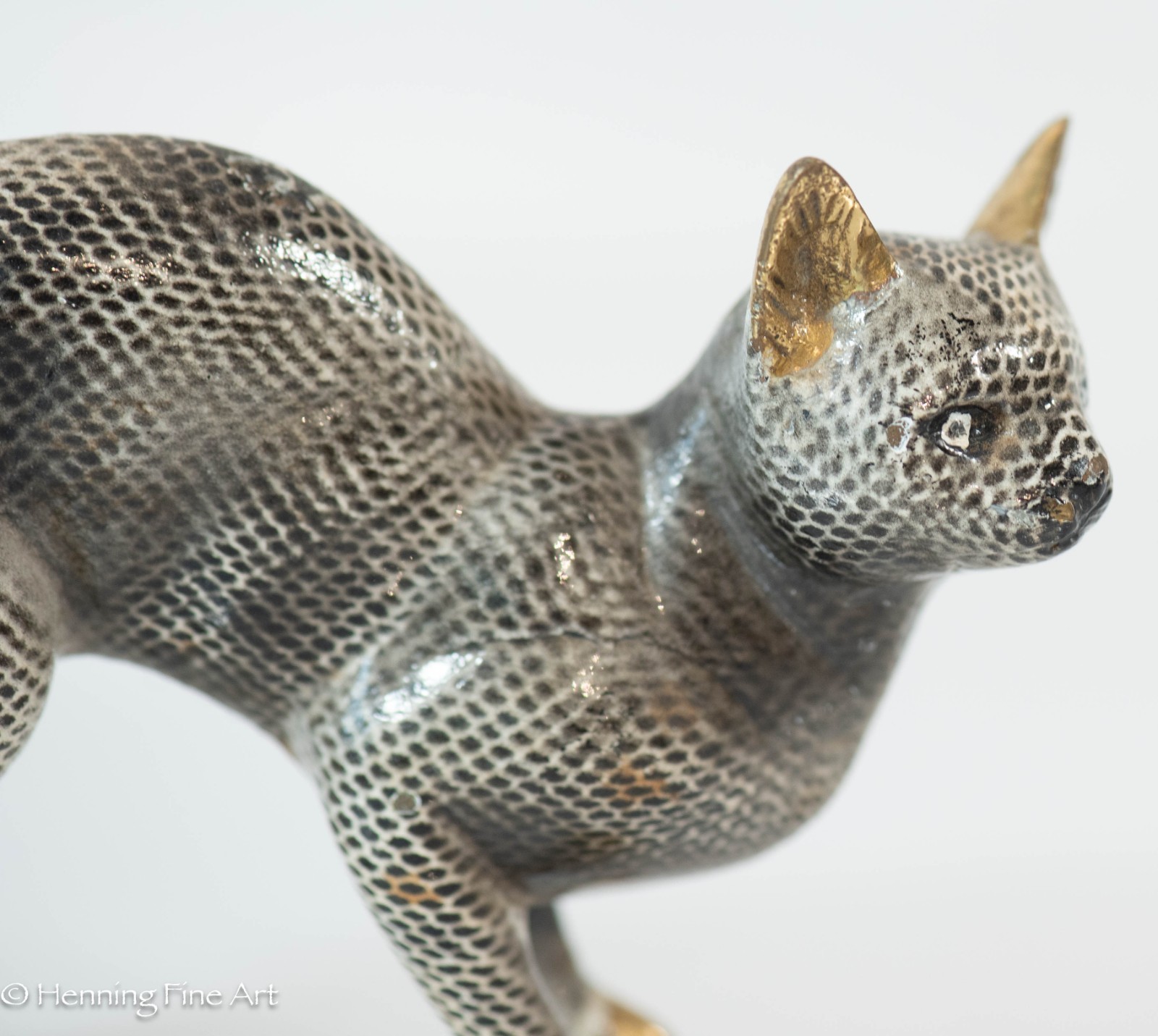 Beautiful Vintage Cat Figure Brass and Painted Enamel, Cat Arching Back, Lovely