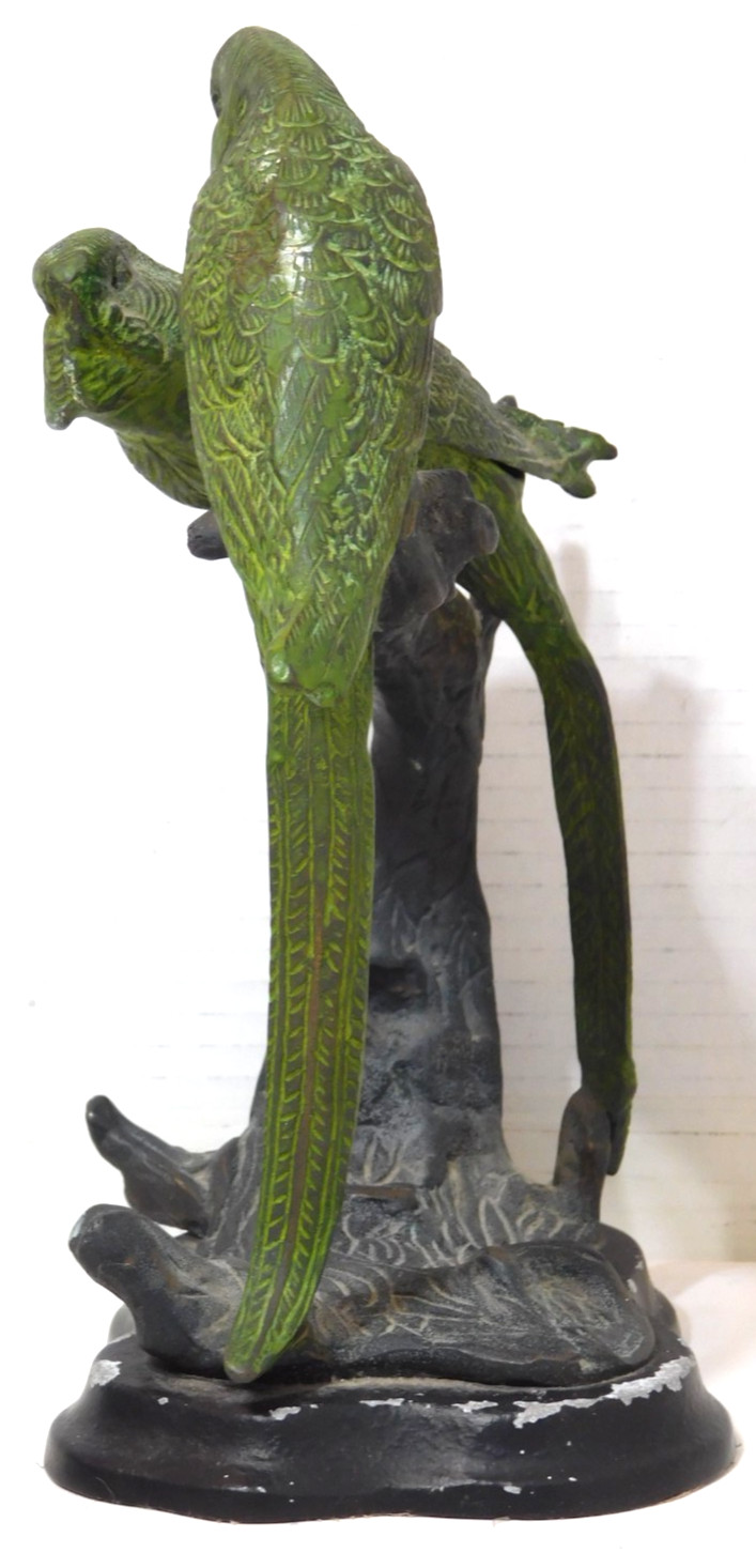 Rare Vintage Castilian Brass Green Parrots Sculpture on Metal Base