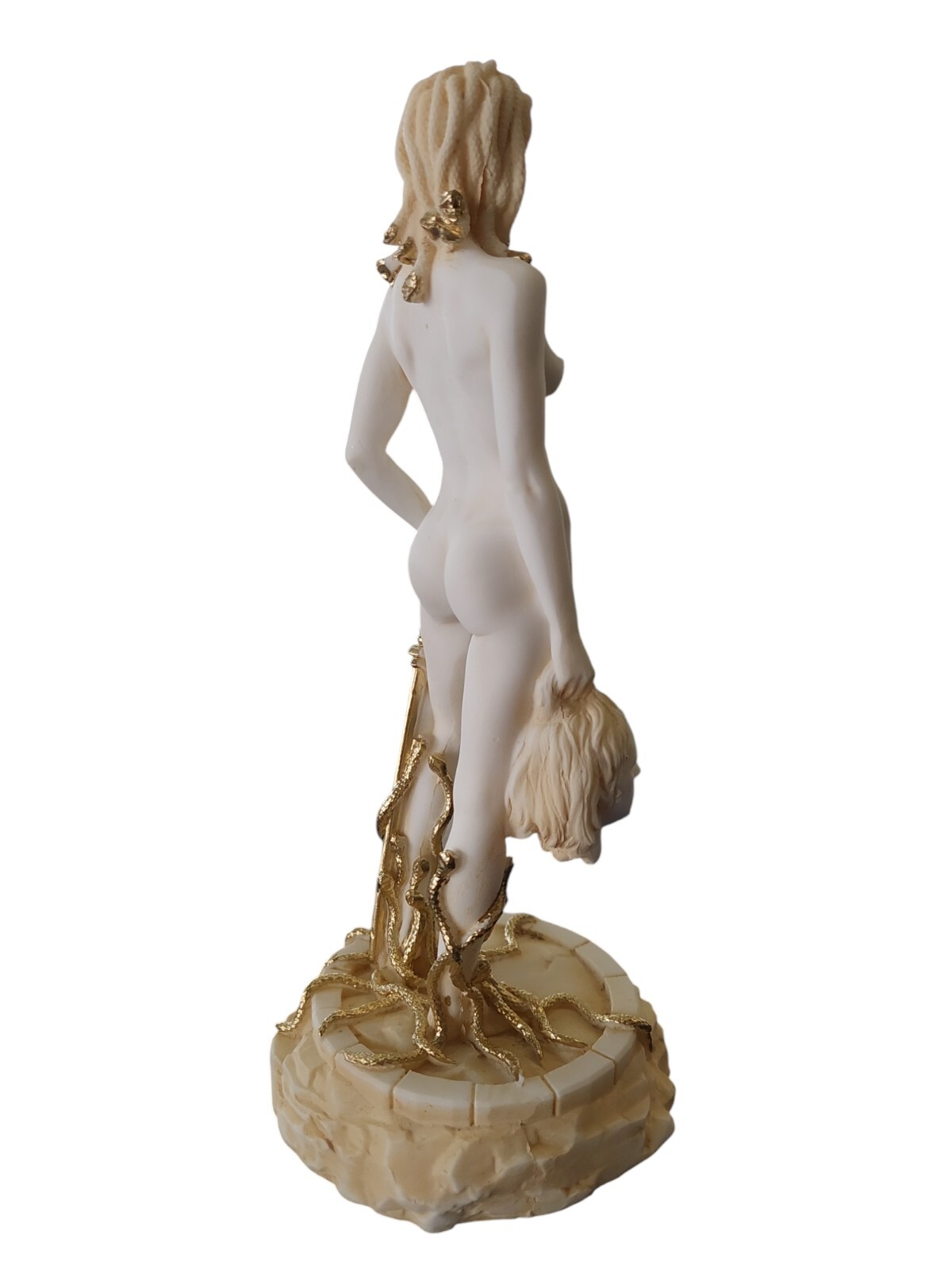 Me Too Medusa with The Head of Perseus Handmade Greek Alabaster Statue Gold Tone