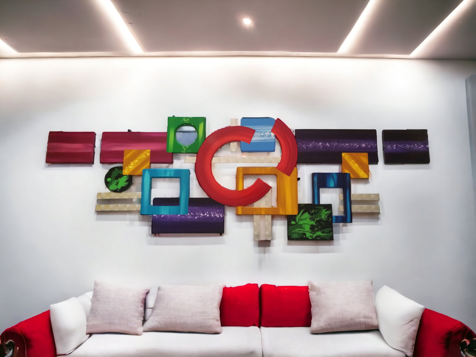 Contemporary Geometric Abstract Wood Metal Wall Sculpture, Color Rush 67×24 Art