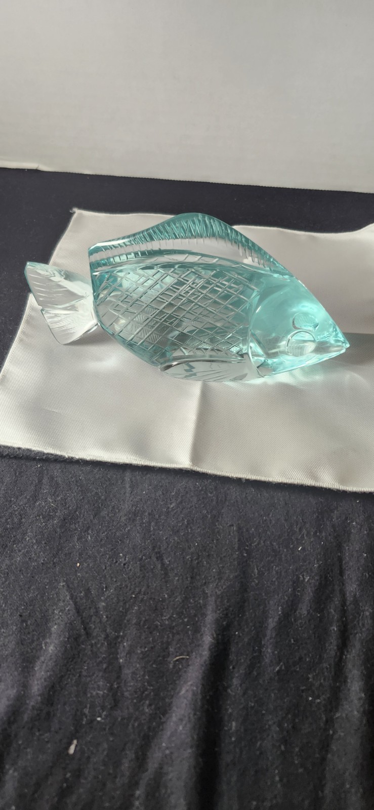 Carved Crystal Art Glass Fish Light Mint 3.75 X 7 Inches 1.75 Wide. Criss-cross