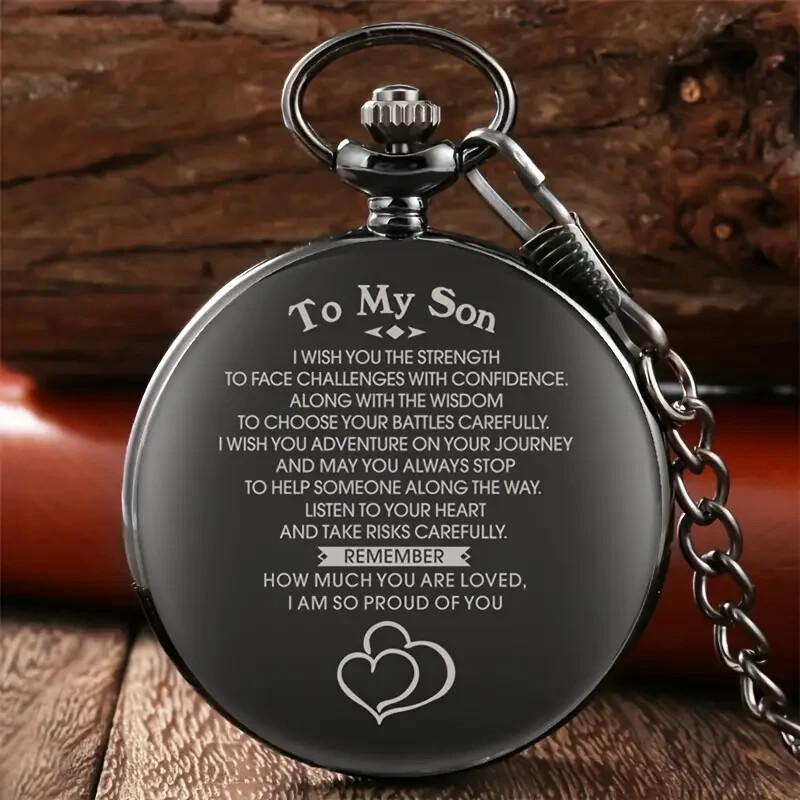 NEW TO MY SON Words Of Wisdom Engraved Round Black Quartz Pocket Watch 6wx.2d