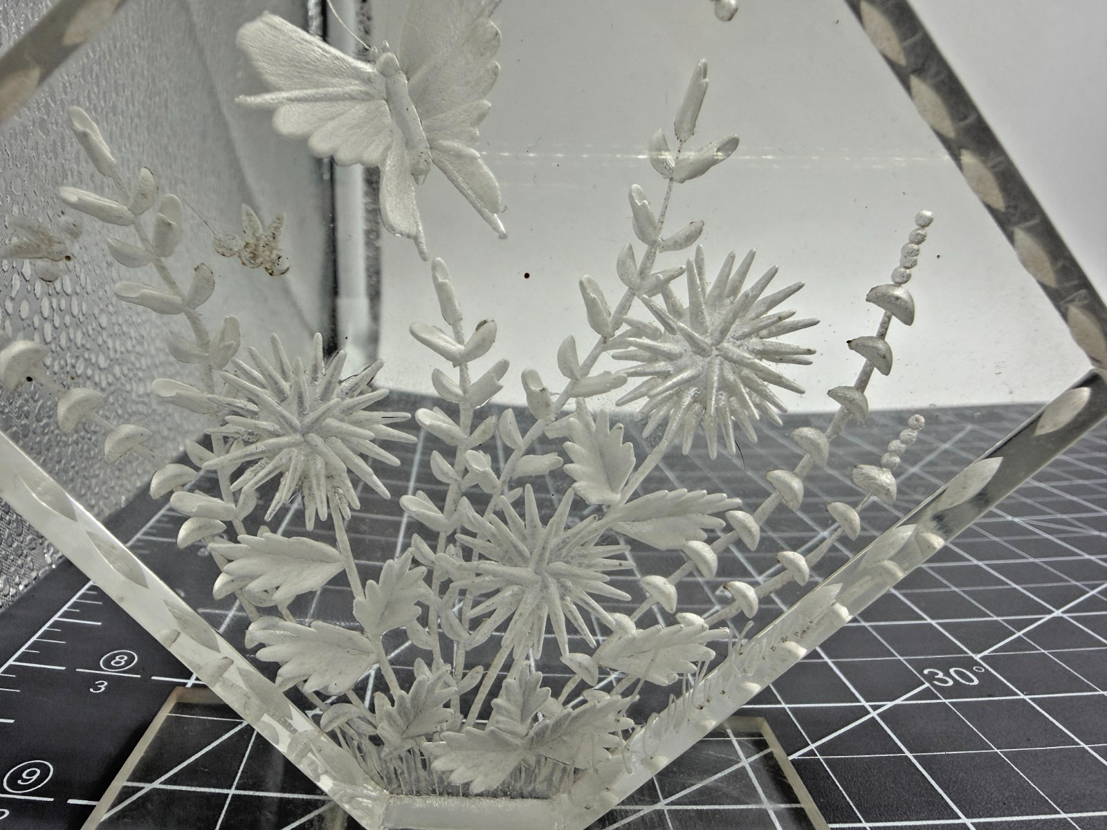 Reverse Carved Lucite Acrylic Butterfly & Flowers Sculpture Signed C. Folkertsma