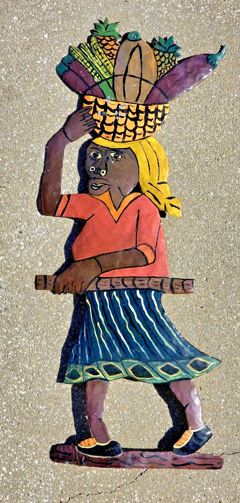 Vtg. Haitian Metal Wall Art, Folk Art Hand Painted Woman w Fruit, RARE PIECE!
