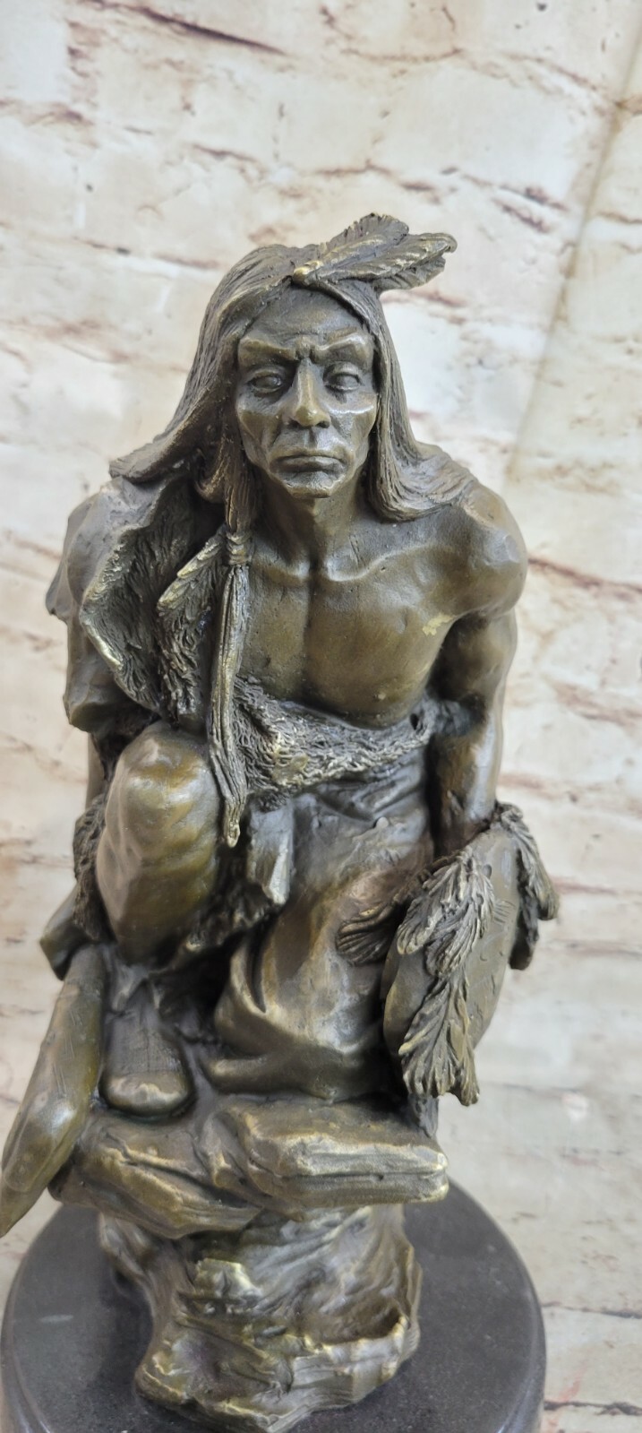 Native American Indian Chief Signed Bronze Bust Sculpture Statue Western Decor