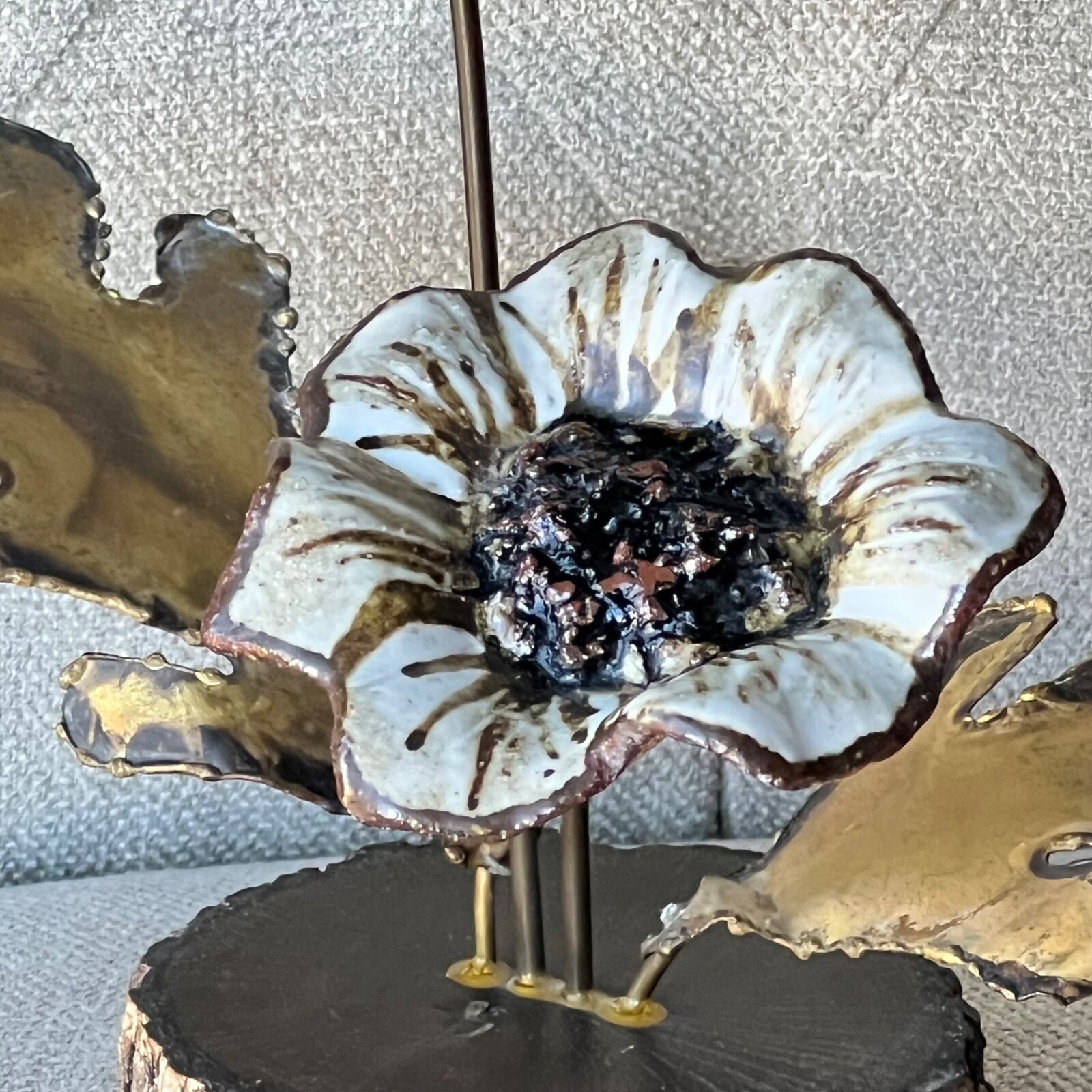 Vintage Flowers Snail Kinetic Sculpture Copper Ceramic Wood Winifred Cole 10&Prime;