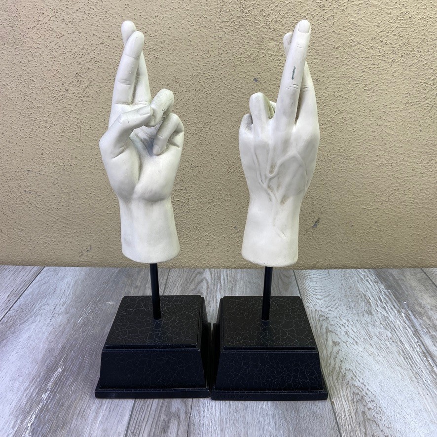 VINTAGE Sculpture Figurine of Hands with Crossed Fingers 13” White 2 Piece Set