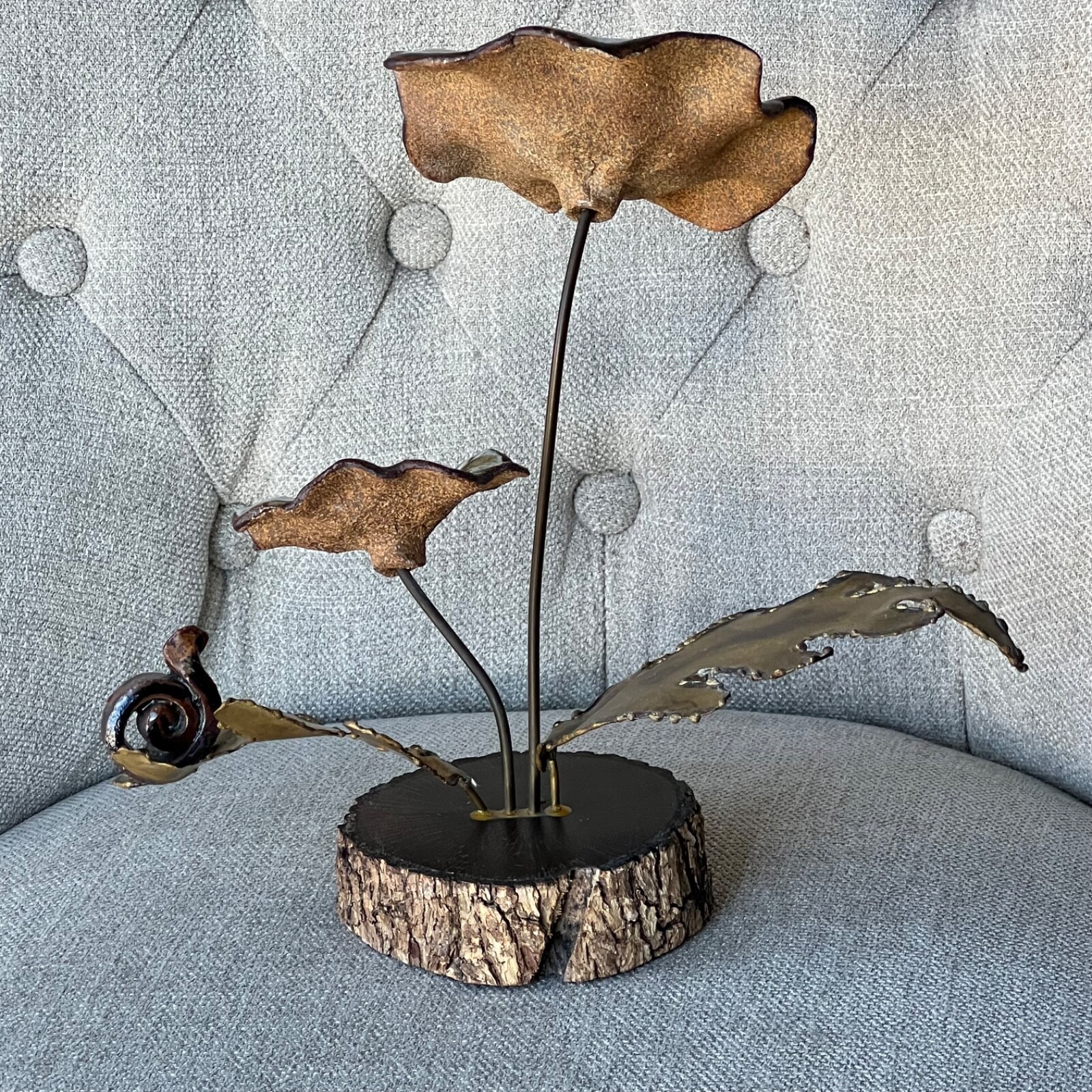 Vintage Flowers Snail Kinetic Sculpture Copper Ceramic Wood Winifred Cole 10&Prime;