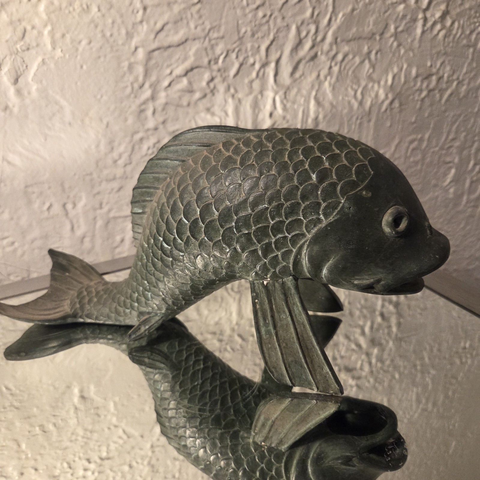Vintage Bronze Koi Fish Fountain Sculpture with Open Mouth