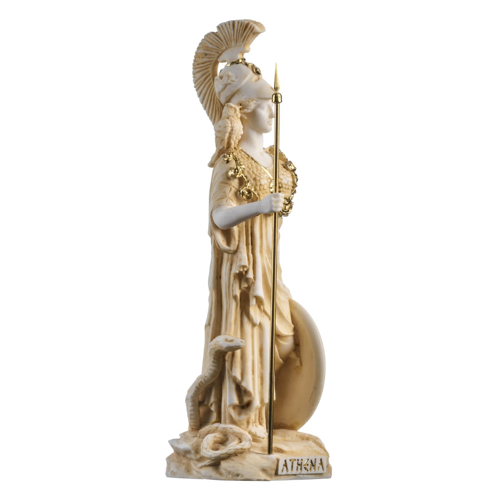 Athena With Owl Medusa Shield Greek Goddess Alabaster Statue Gold 10.2&Prime;