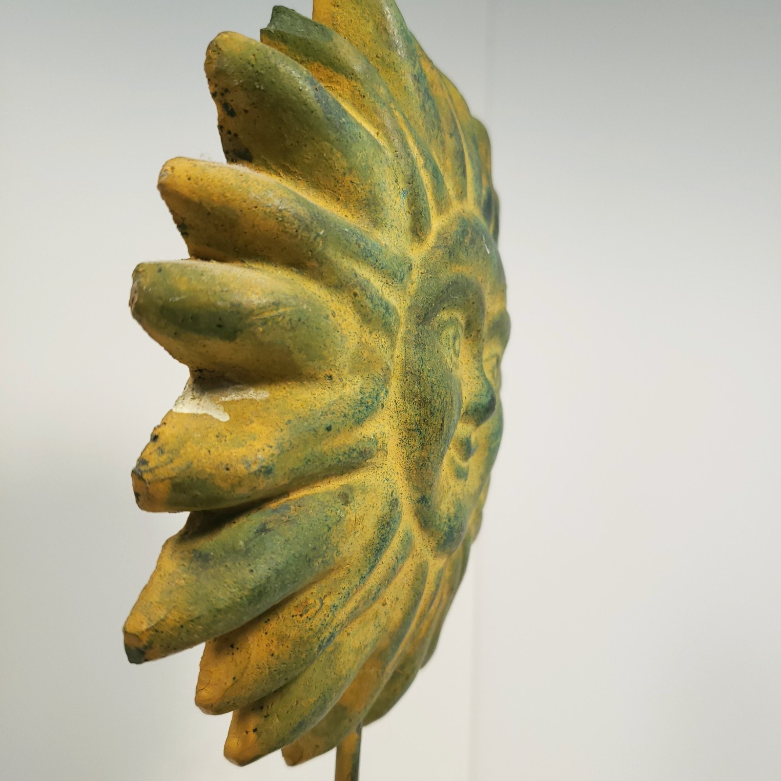 Cast Stoneware Art Sun Face and Base Folk Sculpture on Metal Post Indoor Outdoor