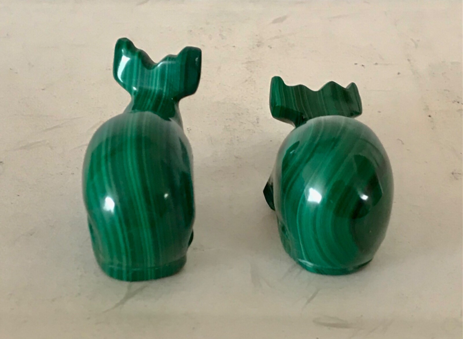 Pair of Small Malachite Whale Figuring Statue Sculptures 2.25&Prime; Long