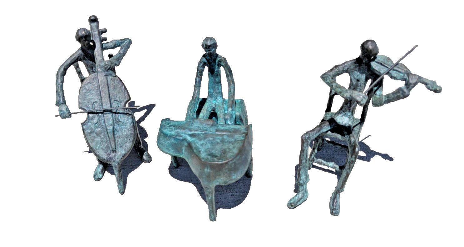 Vtg MCM Brutalist Cast Metal Musician Trio Set Piano Violin Cello Patina Heavy