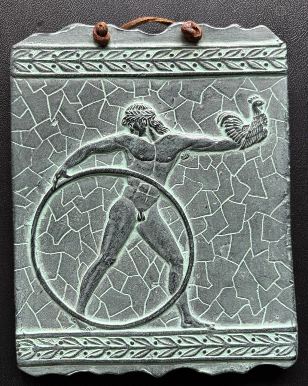 Male Teenage Athlete Hoop Rolling Small Greek Ceramic Tile Wall Relief Décor